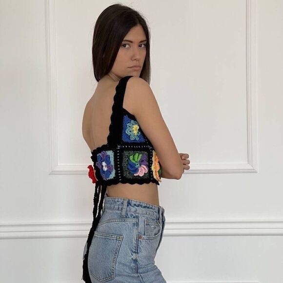 Maridruna Handmade Knit Festival Rainbow Multicolor Hippie Crochet Crop Top Sz M - Picture 2 of 10